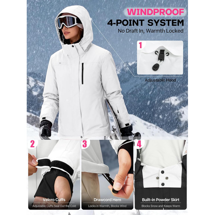 Жіноча водонепроникна куртка для сноубордингу та лижного спорту FREE SOLDIER з флісовою підкладкою, тепла зимова куртка з капюшоном, повністю проклеєні шви (XXL, Білий/Ошатний сад)