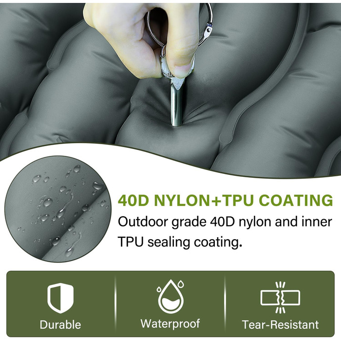 Надувний килимок для кемпінгу з інтегрованою помпою та подушкою, сірий. Компактний, для подорожей, хайкінгу та кемпінгу
