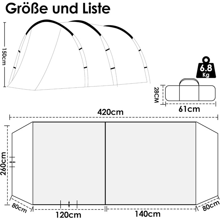 Намет для кемпінгу на 4 особи: водонепроникний тунельний намет для сім'ї та групи, з шатром для сну, сірий