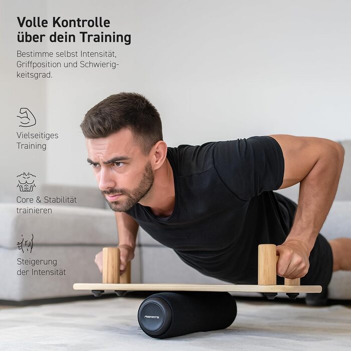 MSPORTS Push-Up Board Holz Premium: Дошка для віджимань з роликом – багатофункціональна дошка для тренування кора, балансу та сили – 15 положень, масивні ручки, антиковзаюча, обладнання для фітнесу для дому