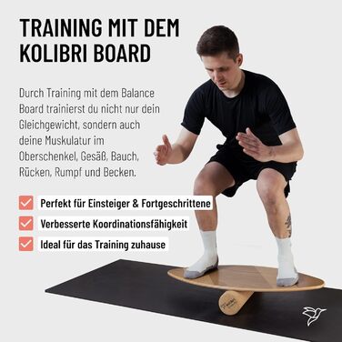 Балансувальна дошка Kolibri Board Round Grip з корковим валиком, дерево, без пластику, екологічна, для початківців і досвідчених, Німеччина, коричнева