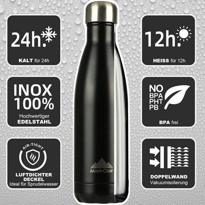 Термопляшка Mont-Clair 500 мл з нержавіючої сталі - чорна, з подвійними стінками, BPA-free, витримує 24 години холод та 12 годин тепла, без витоку