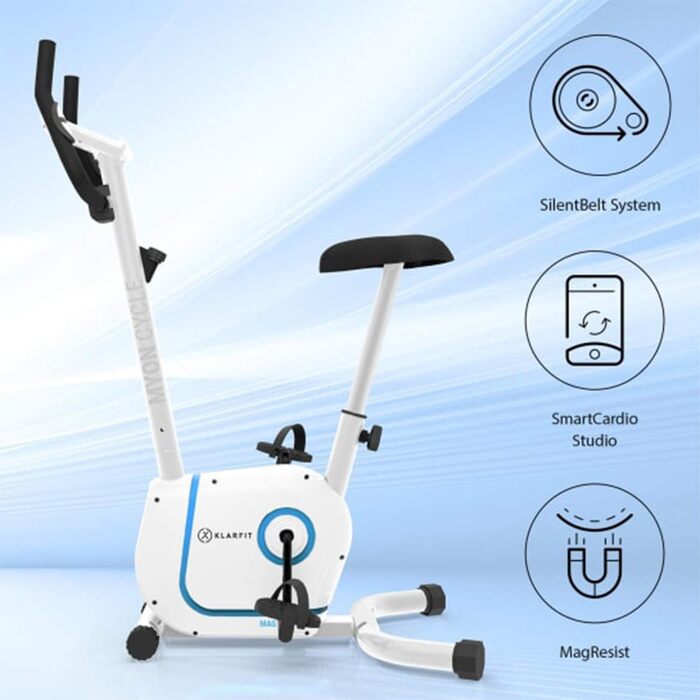 Велотренажер KLAR FIT Myon Cycle з маховиком 12 кг, ремінний привід SilentBelt, 8 рівнів навантаження, вимірювач пульсу, регульована висота сидіння, підставка для планшета, білий