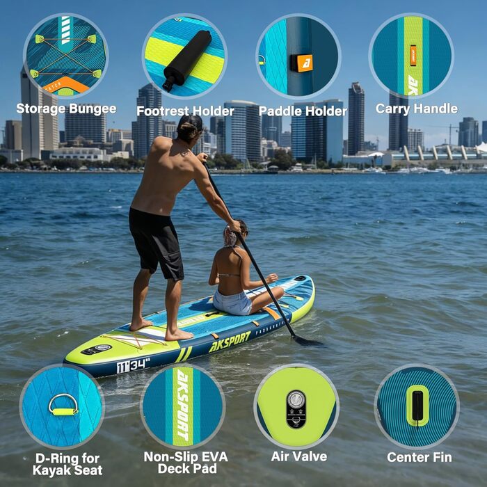 SUP дошка AKSPORT 11' надувна з повним комплектом аксесуарів, 34 дюйми, антиковзке покриття, для дорослих та підлітків (блакитно-зелена)