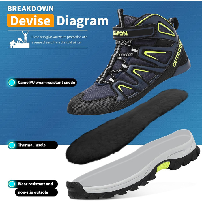 Дитячі зимові чоботи Elaphurus: теплий фліс, для ходьби та трекінгу, розмір 39 EU, темно-синій, зелений