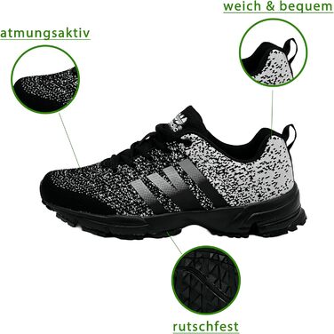 Чоловічі та жіночі кросівки для бігу та спорту. Повсякденне взуття для активного відпочинку, включаючи великі розміри (40 EU, чорний, сірий)