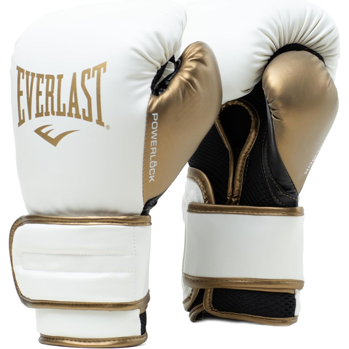 Боксерські рукавички Everlast Powerlock 2R для спарингу та тренування з мішком, з підтримкою зап'ястя, 4-шаровий шар, оригінальна екіпіровка Everlast (БІЛИЙ/ЗОЛОТО, 12OZ)