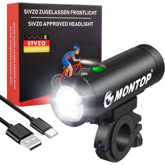 Набір світлодіодних ліхтарів для велосипеда MONTOP LITE-400 з USB-акумулятором, передня фара та задній ліхтар (StVZO), для дітей та дорослих
