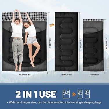 Спальний мішок для двох дорослих, ковдровий, водонепроникний, флісовий, 220x150 см, сірий, з сумкою для зберігання