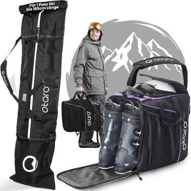 Набір мішок для лиж та черевиків Otaro: мішок для 1 пари лиж та мішок для 2 пар лиж, регульований, водонепроникний, міцні блискавки, м'який плечовий ремінь, зелений (фіолетовий)