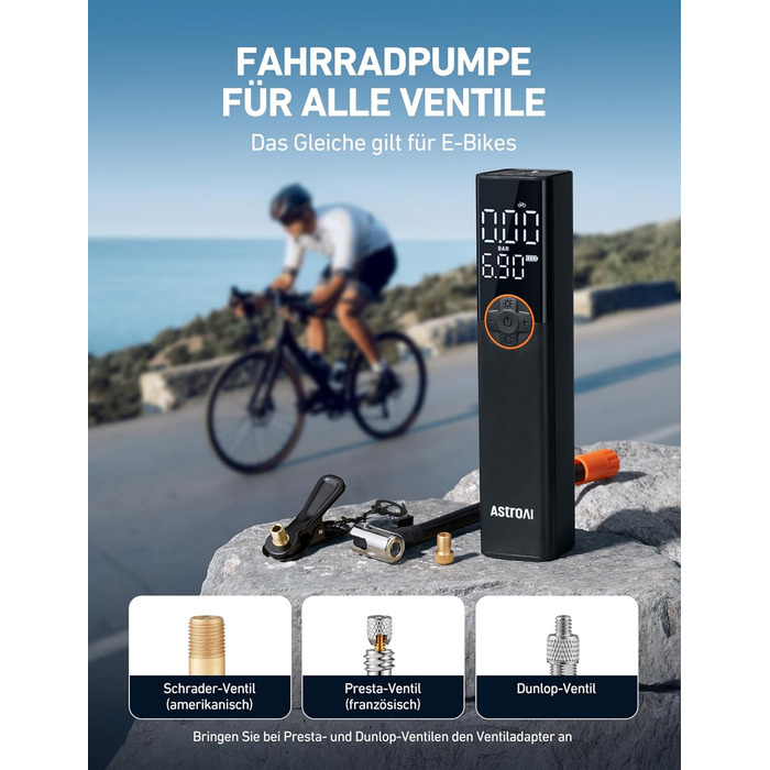 AstroAI Електрична велосипедна помпа, 150 PSI, портативна, акумуляторна, універсальна, для всіх типів велосипедів, з високопродукним мотором, перезаряджається, для міських, шосейних та гірських велосипедів, помаранчевого кольору