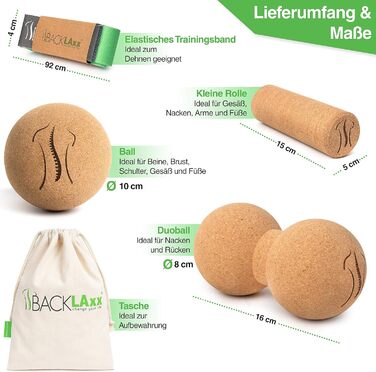 BACKLAXX® Набір фасційні роли та м'ячі: ролер з корку, м'яч для фасції, ролер для стопи, дуобілл – без шкідливих речовин, антибактеріальний, з відеоінструкцією. Набір для фасції та масажу