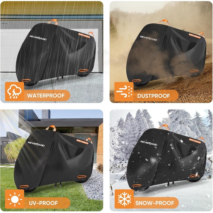 Накладна ковдра для мотоцикла Neverland Outdoor, 295x110x140 см, водонепроникна, 300D, гараж для мотоцикла, внутрішнє використання, з отворами для замка, світловідбиваюча, чорно-помаранчевий колір