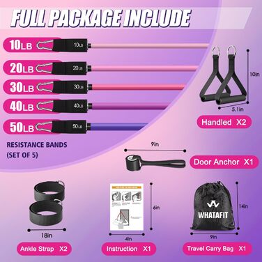 Набір еластичних стрічок WHATAFIT для фітнесу та реабілітації: з дверним кріпленням, ручками, сумкою та кісточковими ремінцями. Для чоловіків та жінок.