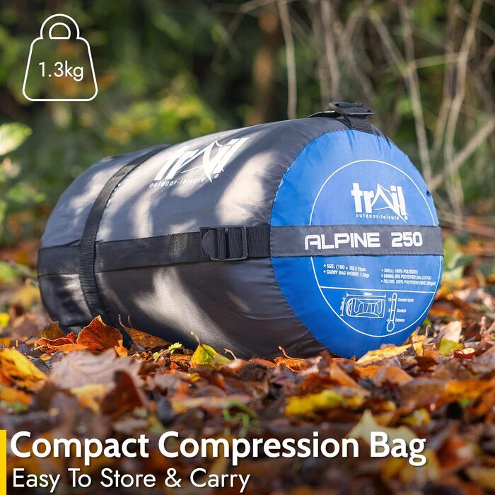 Спальний мішок Trail-Alpin з капюшоном – 250 г, 3-сезонний, легкий, компактний, з компресійним мішком (Червоний/Синій)