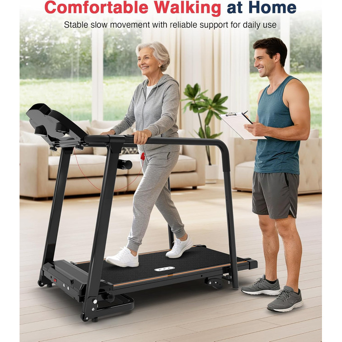 Біговий доріжка Redliro з довгими поручнями для людей похилого віку, до 136 кг, складана, з колесами, тримач для напоїв та телефону, для відновлення вдома або в квартирі