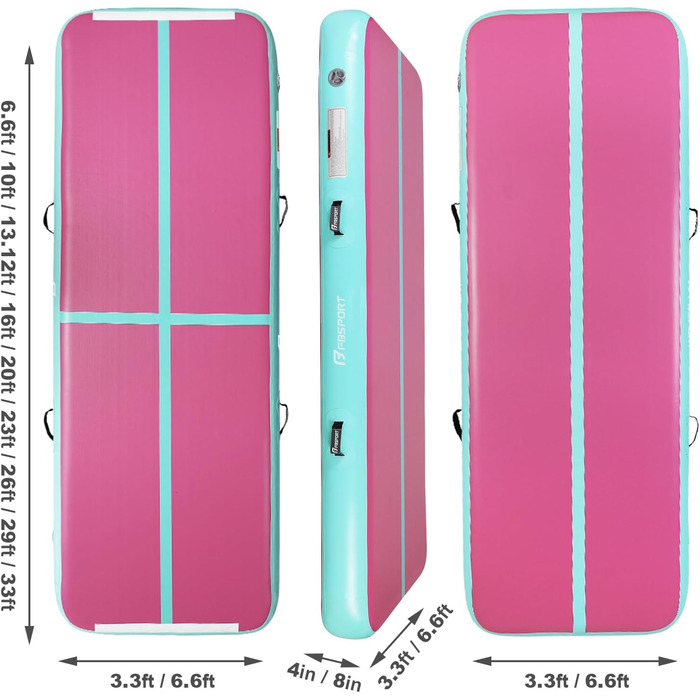 FBSPORT Airtrack Matte - килимок для гімнастики та йоги, 300x100x20 см, зелено-рожевий, з насосом та сумкою