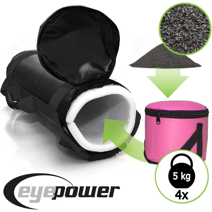 Мішок для тренувань EyePower 20 кг + 4 гантелі - заповнений піском - 6 ручок для фітнесу, для дому - 20x60 см, тренажер для пресу та спини, чорний