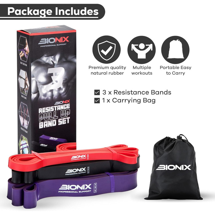 Резинки для фітнесу Bionix: Набір для тренувань, різні рівні опору, для фітнесу, кроссфіту, йоги, силових тренувань (Чорний, Червоний, Зелений, Фіолетовий)