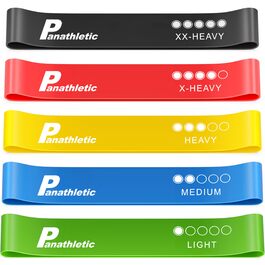 Набір фітнес-гумок Panathletic 5 шт. – різні рівні опору, інструкція, eBook, сумка – чорний, червоний, жовтий, синій, зелений