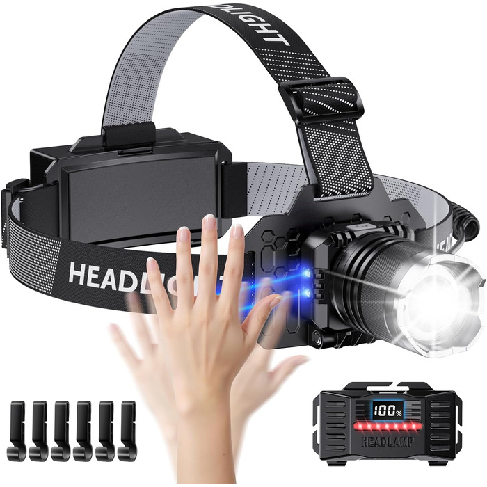 LED налобний ліхтар з акумулятором, надпотужний, з датчиком руху, 3 режими світла та 2 червоних, водонепроникний IPX7, для кемпінгу, бігу, риболовлі, походів, активного відпочинку та надзвичайних ситуацій