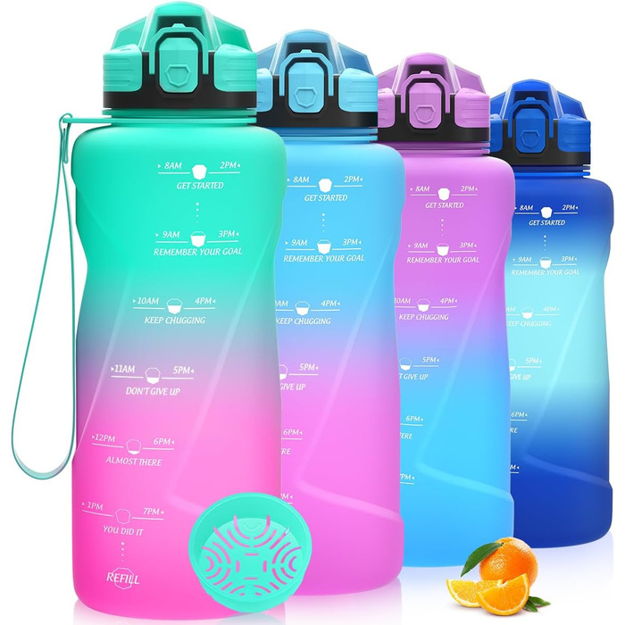 Дитяча спортивна пляшка для води Niggeey 2 л, мотиваційна, з часом, BPA-free, тритан, герметична, для школи, спорту, фітнесу, зелено-фіолетова