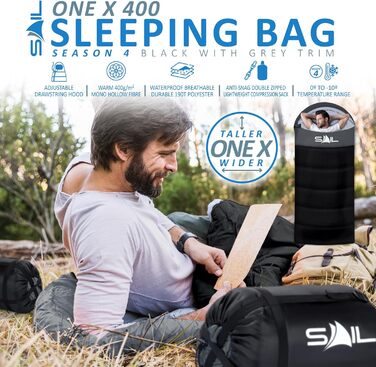 Спальний мішок SAIL XL для великих людей, 4-сезони, 1.6-2.7 кг, водонепроникний, для походу, кемпінгу та відпочинку на природі (Чорний)