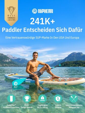 Надувне SUP-борд Niphean Stand Up Paddle Board з сидінням та аксесуарами, 320 см, для 2 осіб (200 кг), Greenwave Woodtune з StabilTrac-фіном