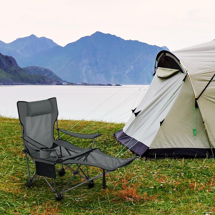 Складний стілець для кемпінгу eSituro: рибальський, пляжний з підставкою для ніг та тримачем для напоїв, сірий