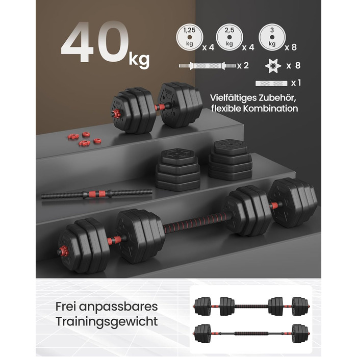 Набір гантелей SONGMICS з підключною штангою, шестигранна форма, 10-40 кг, для фітнесу та силових тренувань вдома або в спортзалі