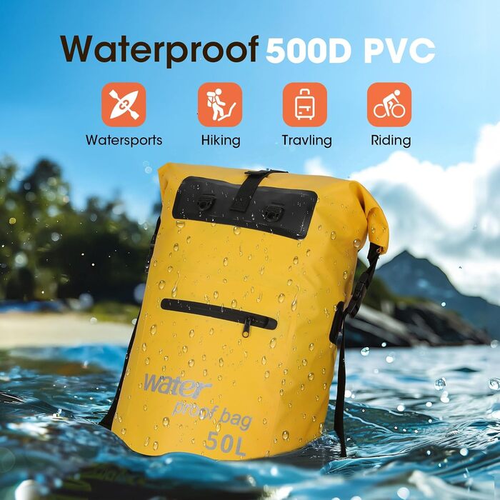 Водонепроникний рюкзак WELDUN 50L з IPX8 захистом для каякінгу, кемпінгу та водних видів спорту (Жовтий)