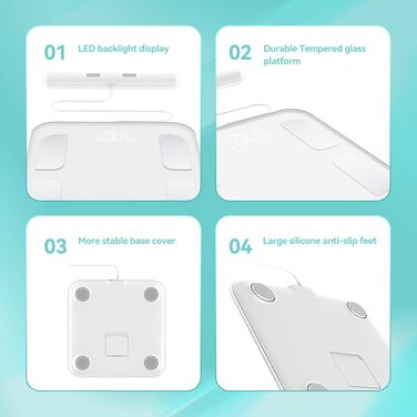 Fitdays Розумна вага для аналізу тіла - 8 електродів, точна цифрова вага BMI з Bluetooth, 20+ показників, синхронізація для 6 користувачів (FG2001B-A-біла)