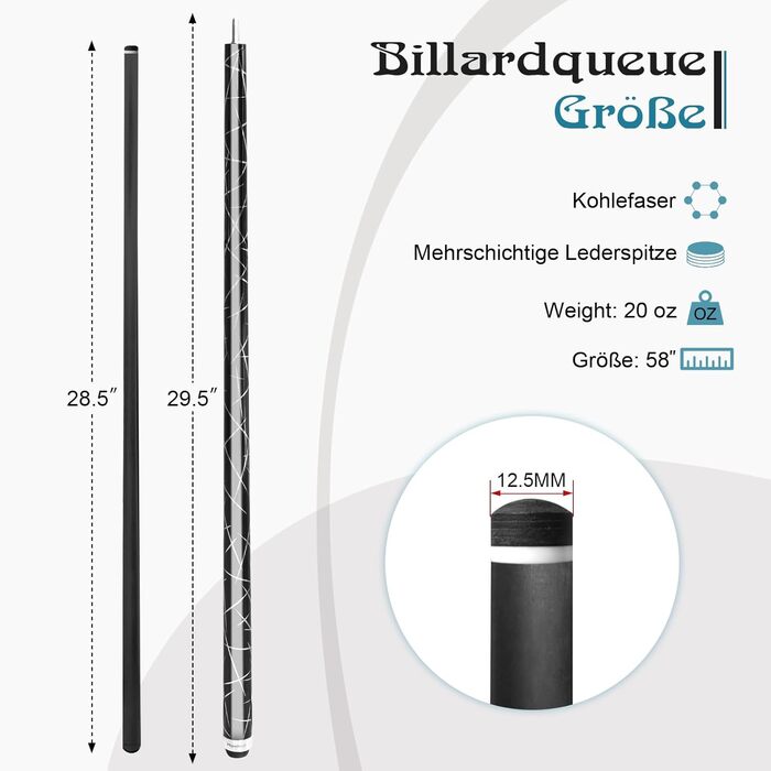 Більярдний кий з карбону, 58 дюймів, 12.5 мм наконечник, 20/21 унція, для аматорів та професіоналів