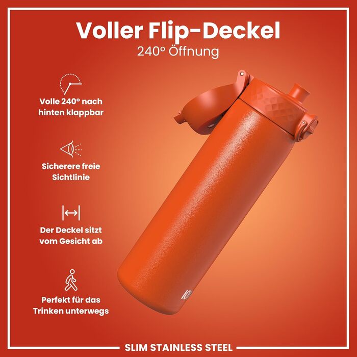 Фляга для води ION8 Leicht, 600 мл, сталь, оранжева - неізольована, з клапаном, зручна для миття