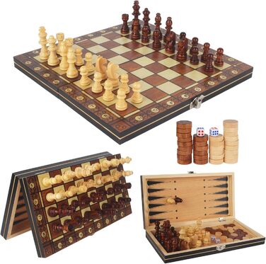 Набір для гри в шахи дерев'яний магнітний 3-в-1, 29 x 29 см. Ідеально для дітей, друзів та сім'ї