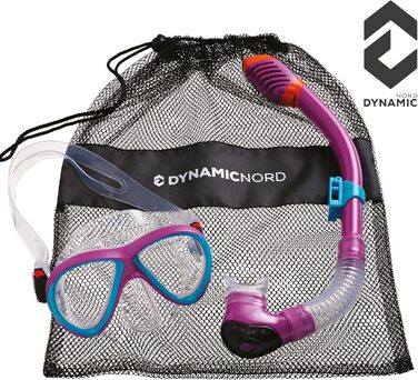 Дитячий набір для сноркелінгу DYNAMICNORD La Gomera Pro Junior, силіконова маска та трубка з Dry-Top, безпечне скло, рожевий/синій, дизайн Німеччини