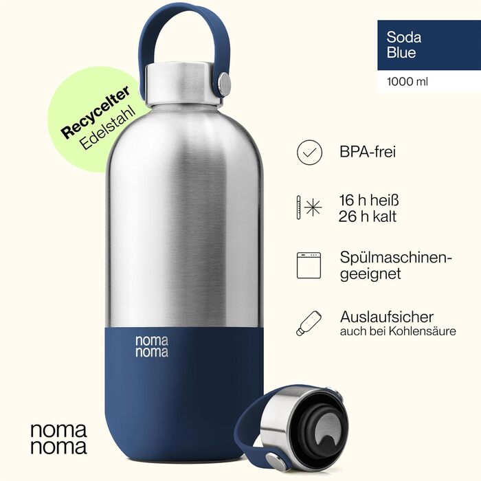 Термос-бутилка noma noma з нержавіючої сталі 1 л, синя, для газованої води, герметична, BPA-free, екологічна