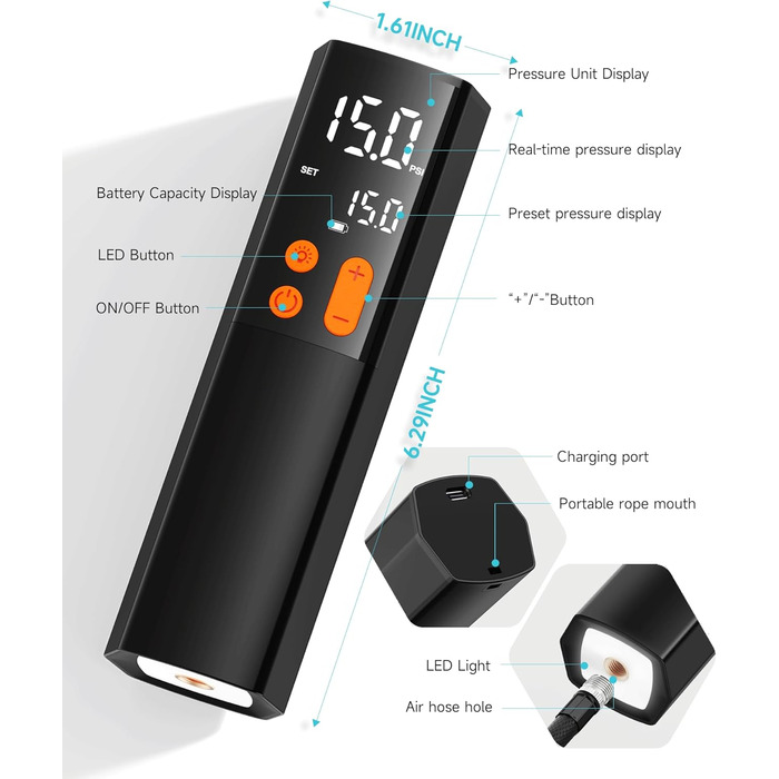 Електричний насос для м'ячів Teffim: 4 режими, 15 PSI, манометр, 3 голки для баскетболу та футболу
