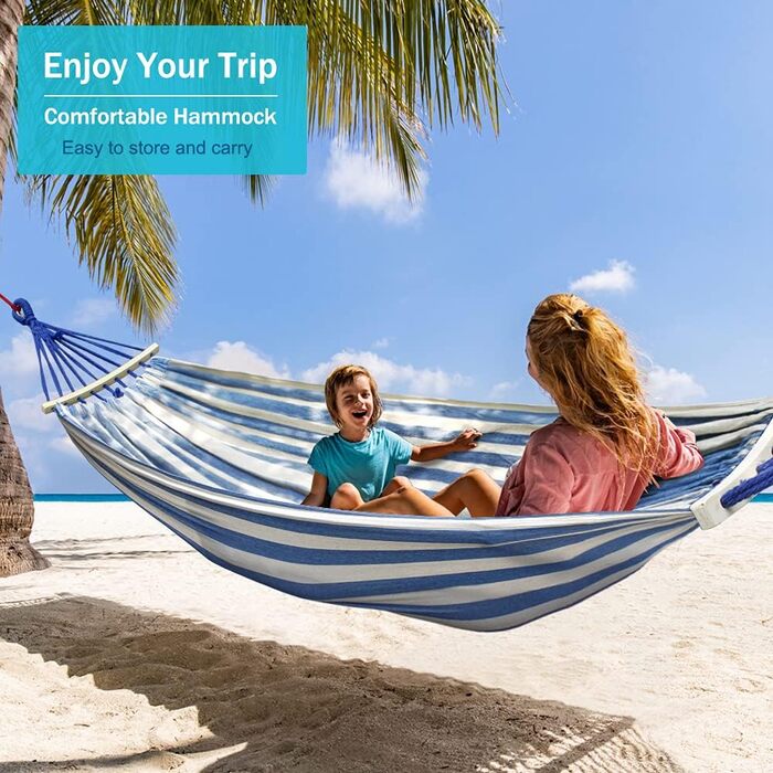 Гамак для відпочинку на відкритому повітрі: кемпінговий гамак з дерев'яною перекладиною, ременями та сумкою. Підходить для дому, балкону, тераси, саду, подорожей з рюкзаком. Колір: блакитний