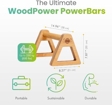 Дерев'яні бруси WOODPOWER PowerBars XL для віджимань, гімнастики та йоги, нековзні паралети для вправ з вагою тіла, 2 шт.