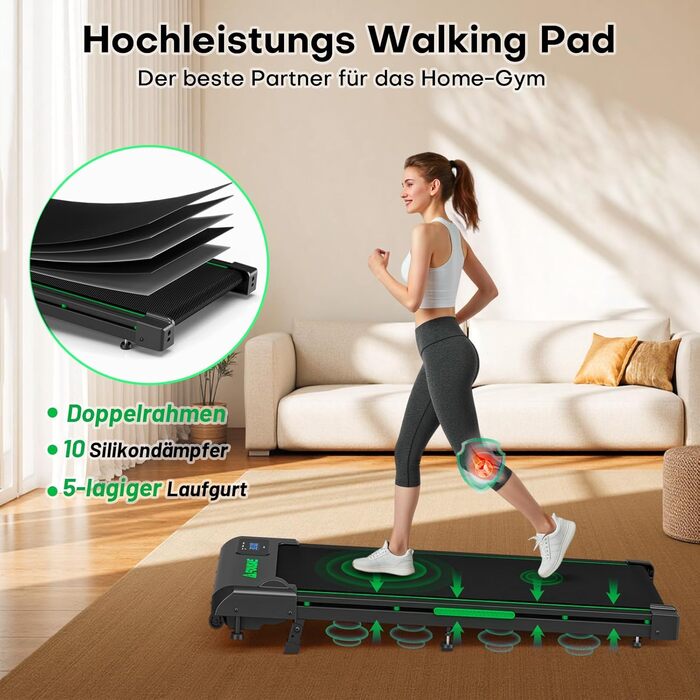 Walking Pad FOUSAE: Бігова доріжка для дому з регулюванням нахилу до 9%, LED-дисплеєм, пультом керування та мобільним додатком, 12 програм, до 150 кг, чорно-зелений