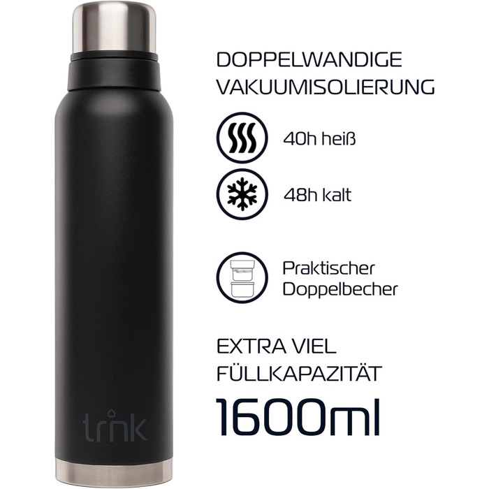 Термос trnk Outdoor Polar 2, 1600 мл, нержавіюча сталь, BPA-free, тримає тепло 40 годин, 2 чашки, чорний матовий