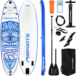 Надувна SUP-дошка MSPORTS з аксесуарами: регульоване весло, помпа, 2 веслових стрижня, водонепроникний чохол для смартфона, багатофункціональна сумка, синя