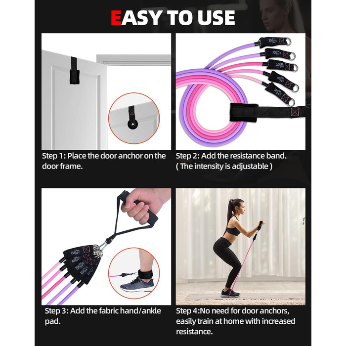 Набір еластичних стрічок Abahub для фітнесу з дверним кріпленням, ручками та петлею для ніг – для тренувань всього тіла, домашній спортзал, ідеально для початківців та досвідчених (Рожевий, 100LB)