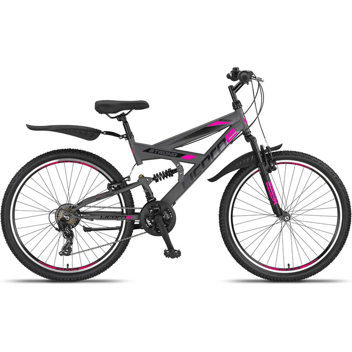 Гірський велосипед Licorne Bike Premium Strong V 24/26 дюймів для хлопців, дівчат, жінок і чоловіків, 21 швидкість, повна амортизація, антрацит/рожевий, 24 дюйми