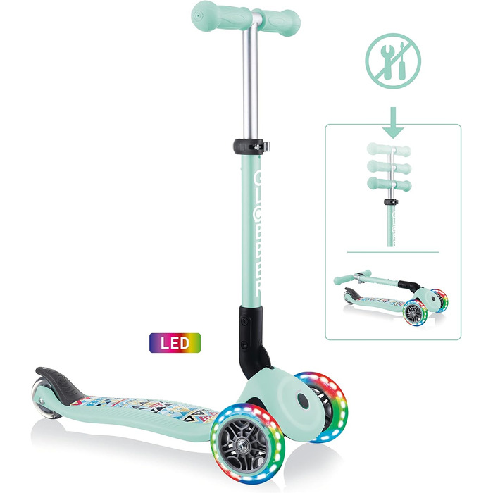 Самокат трьохколісний GLOBBER Junior Fantasy Lights складний, колеса 120/80 мм, ABEC 5, LED-підсвітка, м'ятний колір