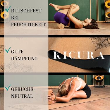 Кікура Йога-мат з корку та натурального каучуку з мотивом слона – Нековзна преміум-мат, 4 мм, з ремінком – Екологічна, 3 розміри (M, L, XL), XL - 200x68x0,4 см