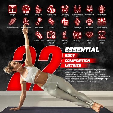 Розумна ваги для тіла з визначенням жиру, 22 показники складу тіла, міцна скляна платформа, 4 електроди, великий кольоровий дисплей, підключення до смартфону