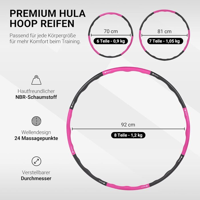 Преміум хулахуп з піною, регульований, 6-8 сегментів, для фітнесу та схуднення, пастельно-рожевий - антрацитовий