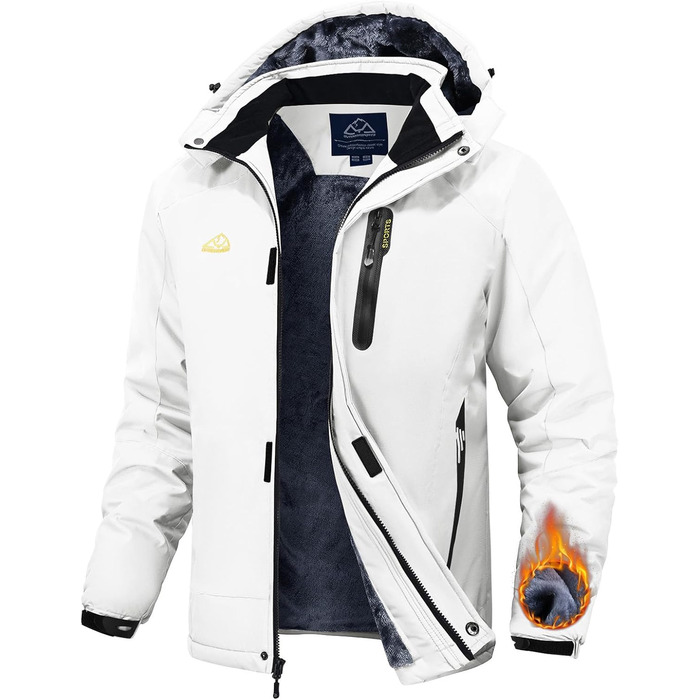 Спортивна куртка Rdruko для чоловіків: тепла зимова куртка, сноубордистська куртка з флісовою підкладкою, водонепроникна функціональна куртка для активного відпочинку та походів з капюшоном, колір білий